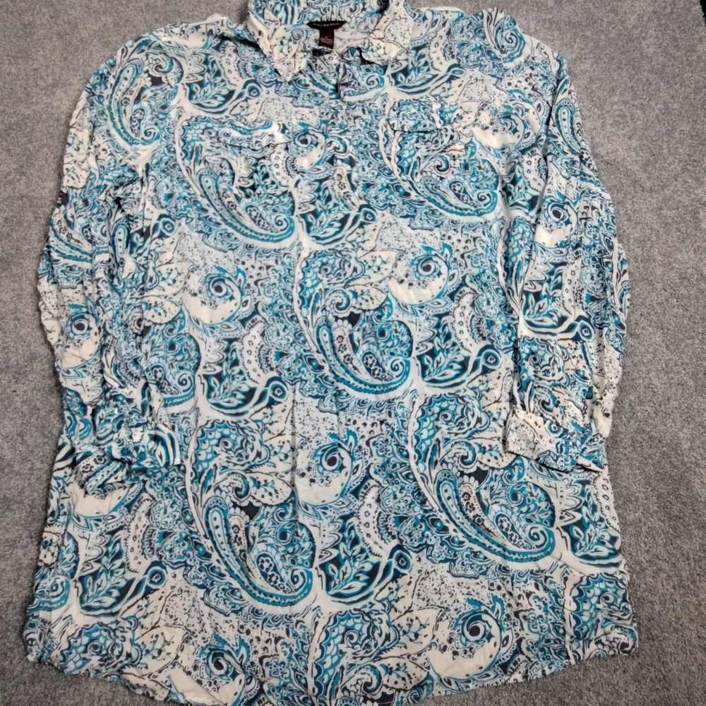 Bit & Bridle Tunic Women XL Paisley Blue White Button Front Rayon Good